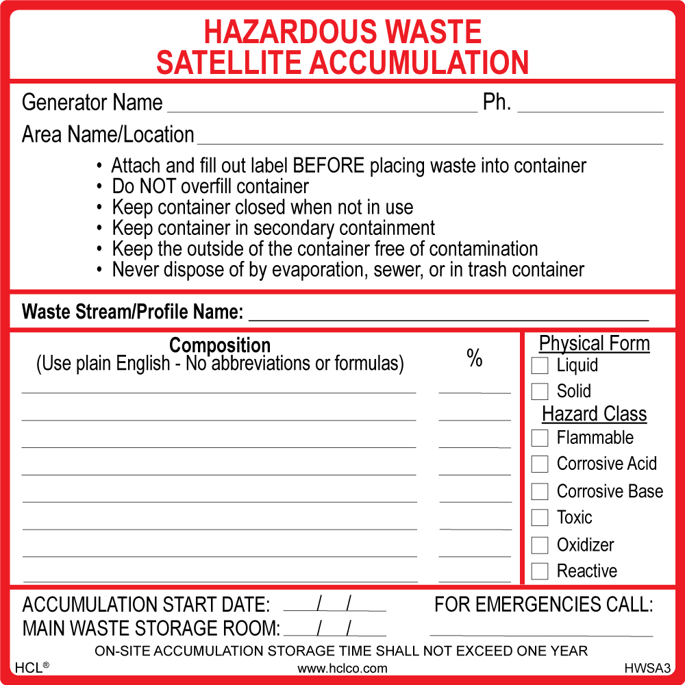 Personalized Satellite Accumulation Label With Waste Stream/Profile Identification